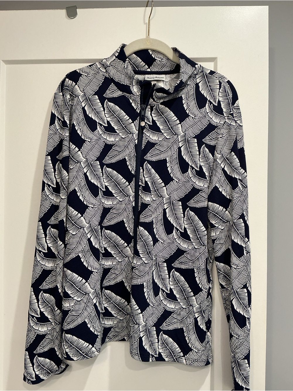 Tommy Bahama Navy and White Leaf-Print Zip-Up Sweater